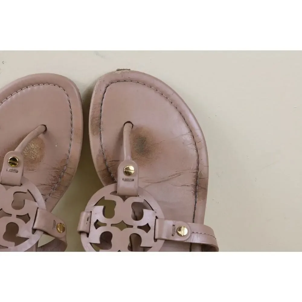 Tory Burch Sandals 7.5 Brown Leather Miller Logo Thong Shoes Flats